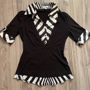 Cache 2 in 1 blouse, short-sleeves v neck, black and white office shirt, size M